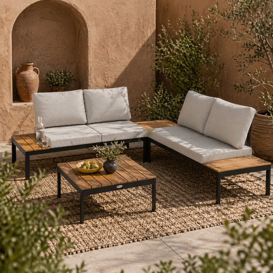 Matuki Wood Teak 4 Seater Garden Corner Sofa Set With 2 Coffee Tables
