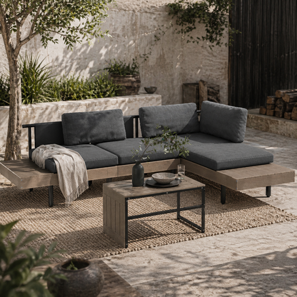 Vivino Metal Grey 3 Piece L Shaped Outdoor Garden Sofa Set with Coffee Table and 2 Side Tables