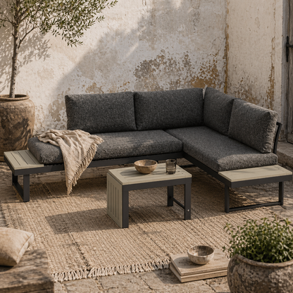 Maluki Aluminium Dark Grey 4 Seater L Shaped Garden Furniture Set With Coffee Table