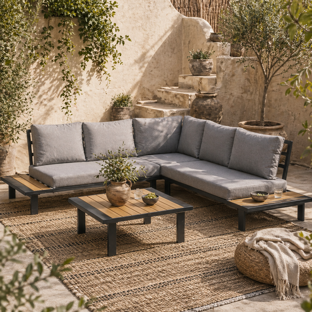 Lehak Aluminium Dark Grey 5 Seater L Shaped Garden Sofa Set With Coffee Table and 2 Side Tables