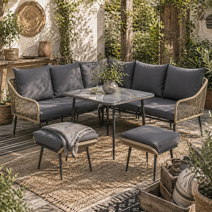 Nofise Rattan Brown and Grey 7 Seater Garden Sofa Set with Coffee Table and 2 Stools