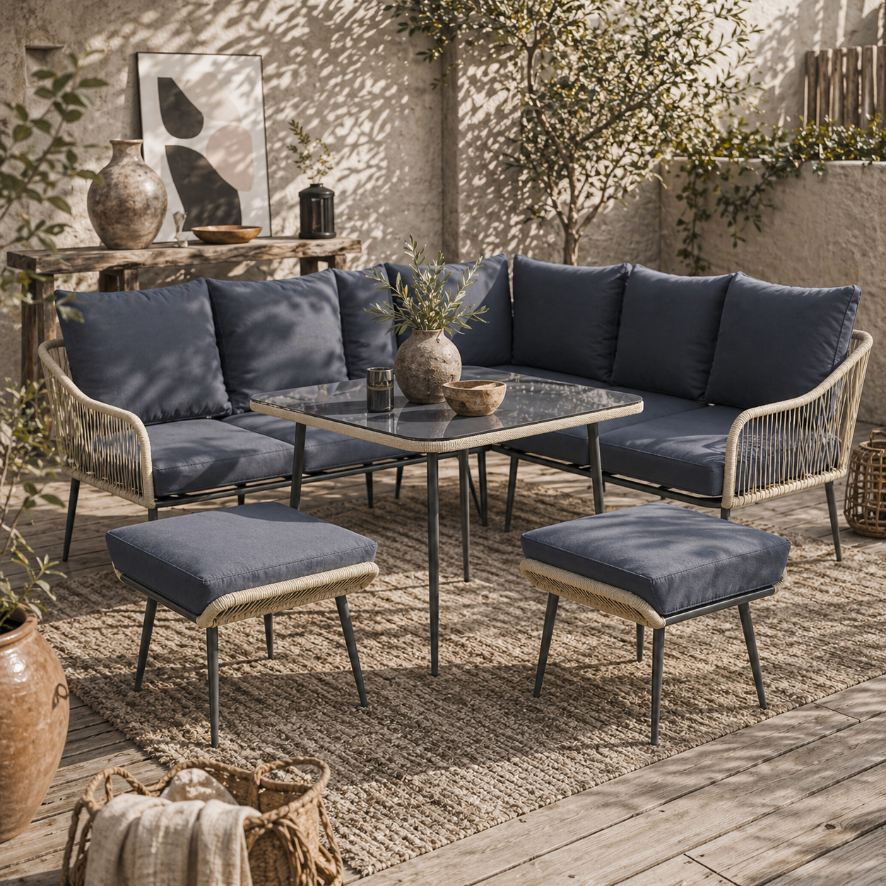 Vika Natural Rattan Grey 7 Seater Garden Sofa Set with Coffee Table and 2 Stools