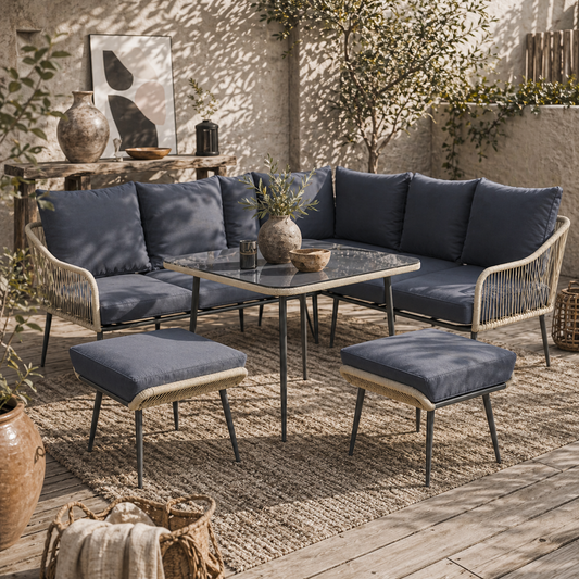 Vika Natural Rattan Grey 7 Seater Garden Sofa Set with Coffee Table and 2 Stools