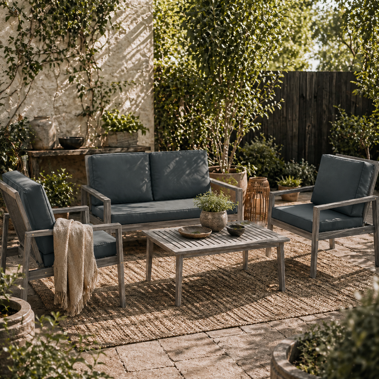 Nabatove Grey Wood 4 Seater Outdoor Garden Furniture Set With Cushions