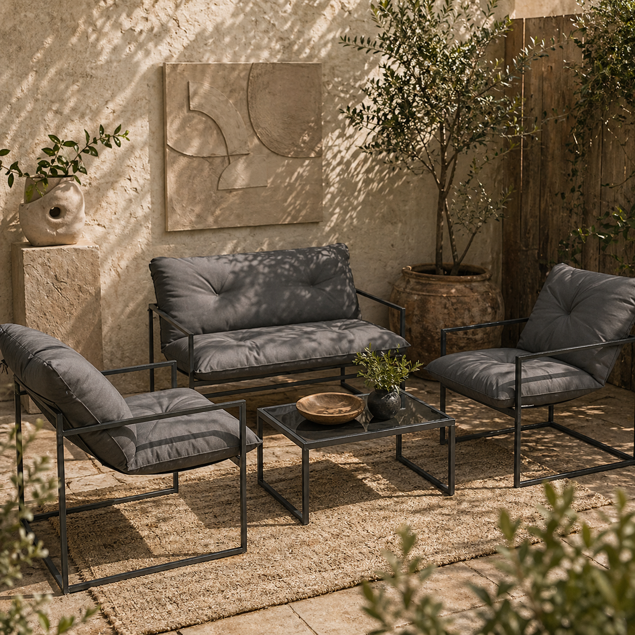 Mocove Cody Metal Black 4 Seater Relaxed Back Outdoor Furniture Set with Grey Padded Cushions