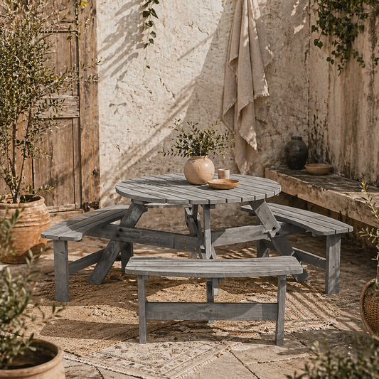 Taviba 6 Seater Grey Wood Round Picnic Table and Garden Benches Set