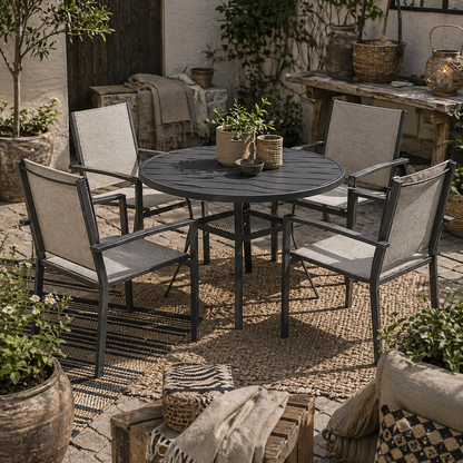 Rava 4 Seater Grey Mesh Outdoor Garden Dining Set with 4 Stackable Chairs