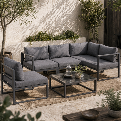 Dokase 5 Seater Grey Outdoor Corner Sofa Set with Coffee Table and Chair Aluminium Framae