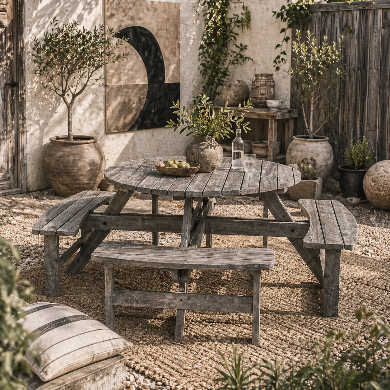Neel 8 Seater Grey Wood Round Garden Picnic Set Table and Benches