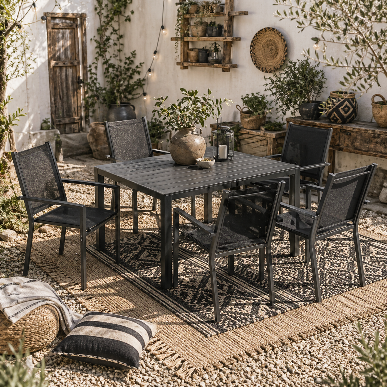 Nohafa 6 Seater Black Mesh Garden Dining Set with Rectangular Table