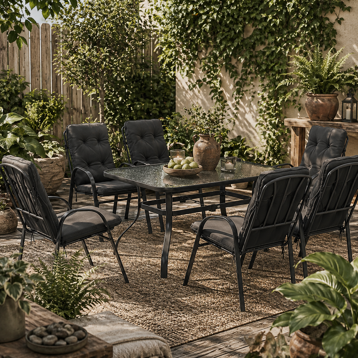 Sahale 6 Seater Black Garden Dining Set with Padded Tufted Cushions