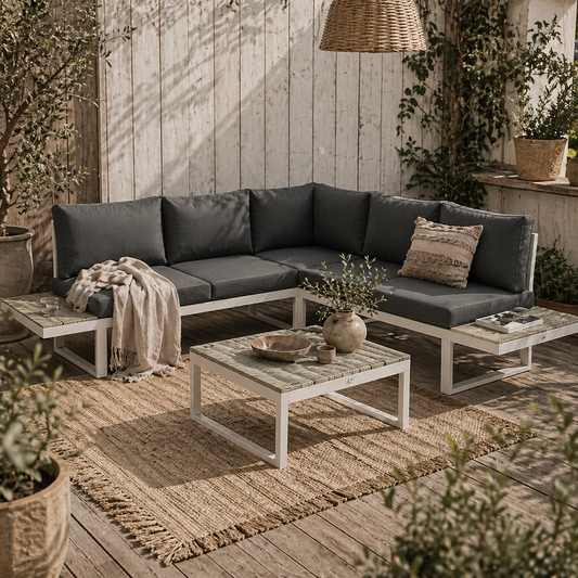 Vayo Metal White Frame 5 Seater Reclining Corner Garden Sofa Set With Wood Effect Table And Grey Cushions