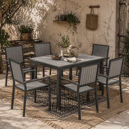 Tala  6 Seater Grey Garden Dining Set with Stackable Chairs Rectangular Table