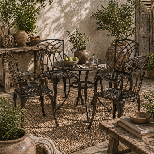 Sake 4 Seater Garden Dining Set Bronze Cast Aluminium Round Table with Parasol Hole