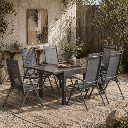 Cosuri 6 Seater Grey Mesh Outdoor Dining Set with Extendable Table and Folding Chairs