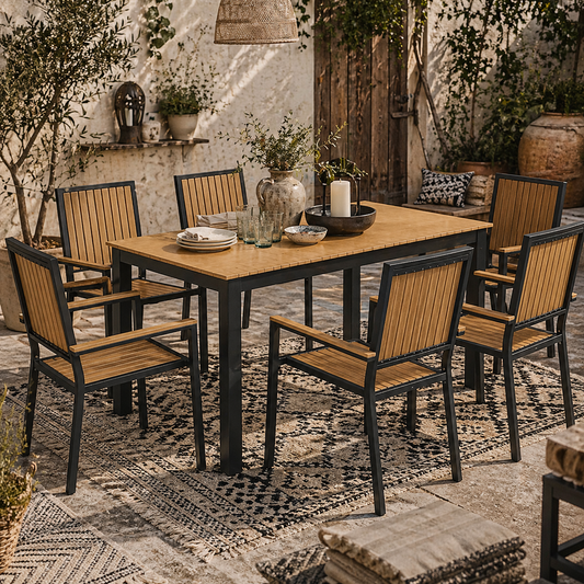 Rido 6 Seater Natural Wood and Black Metal Garden Dining Set with Stackable Chairs