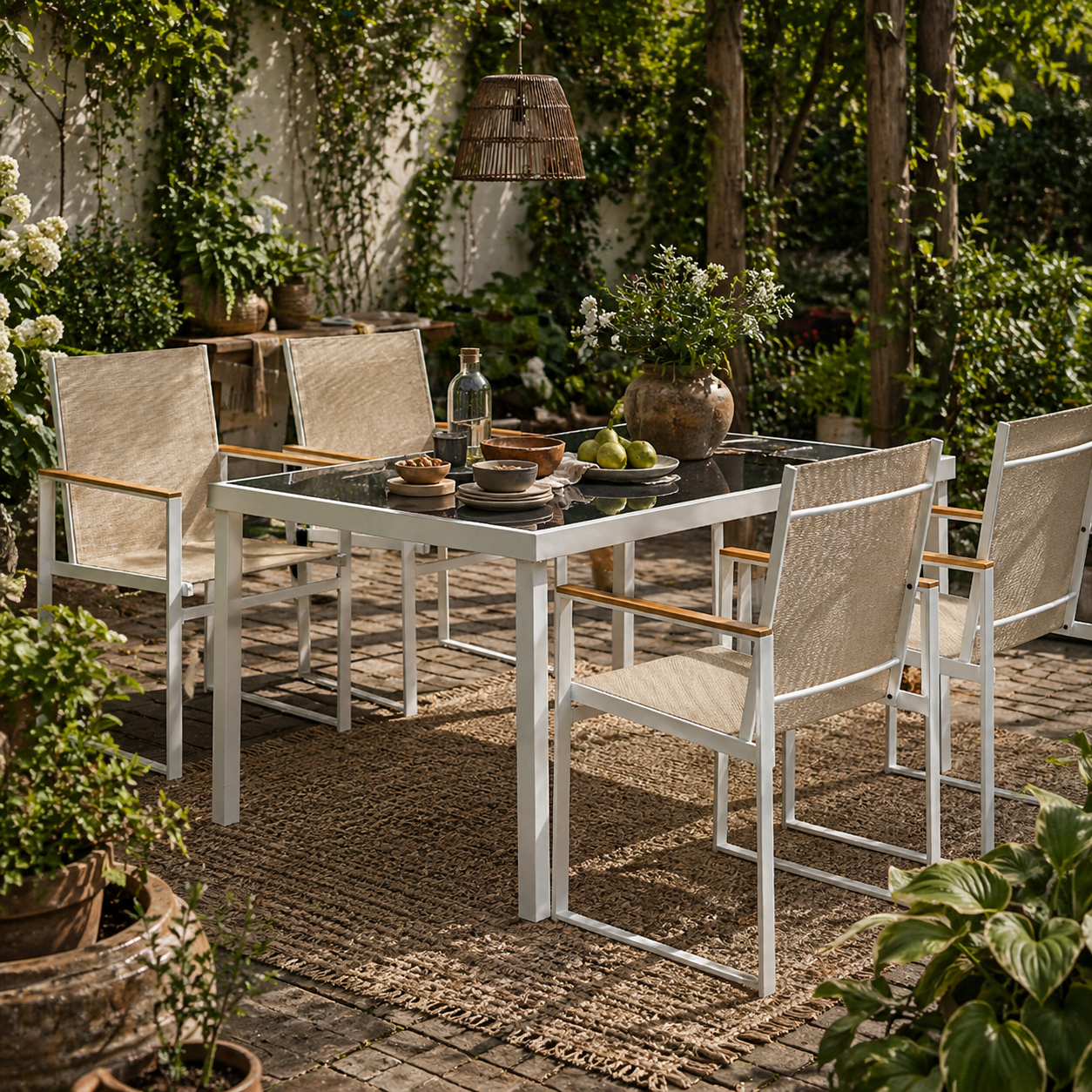 Hare 4 Seater White Metal and Cream Mesh Garden Furniture Set with Tempered Glass Table Top