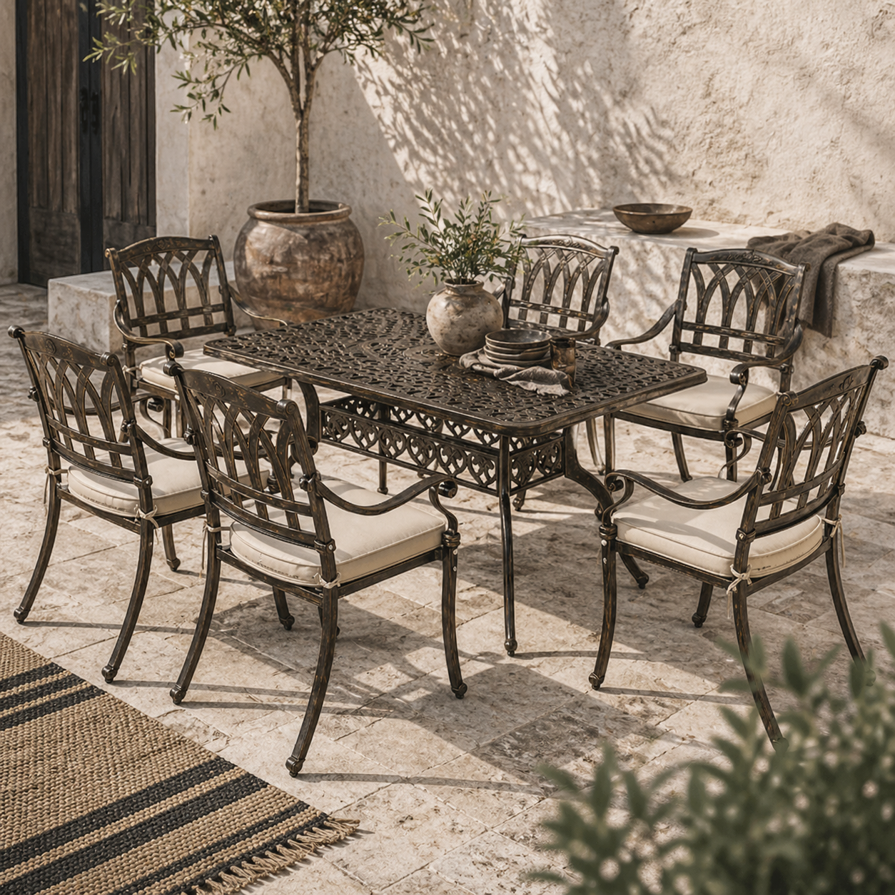 Dilara 6 Seater Bronze Cast Aluminium Garden Dining Set Rectangle Table Parasol Hole