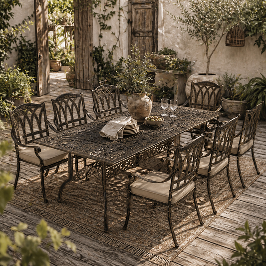 Vesuno 8 Seater Bronze Cast Aluminium Garden Dining Set Rectangular Table with Parasol Hole