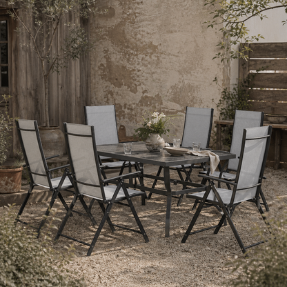 Mamoka 6 Seater Steel and Grey Mesh Outdoor Dining Set with Parasol Hole