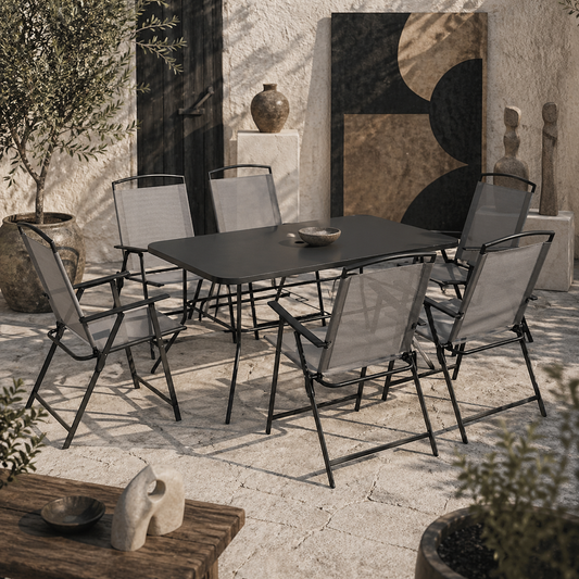 Lobama 6 Seater Grey Mesh Garden Dining Set with Glass Top Table and Folding Chairs