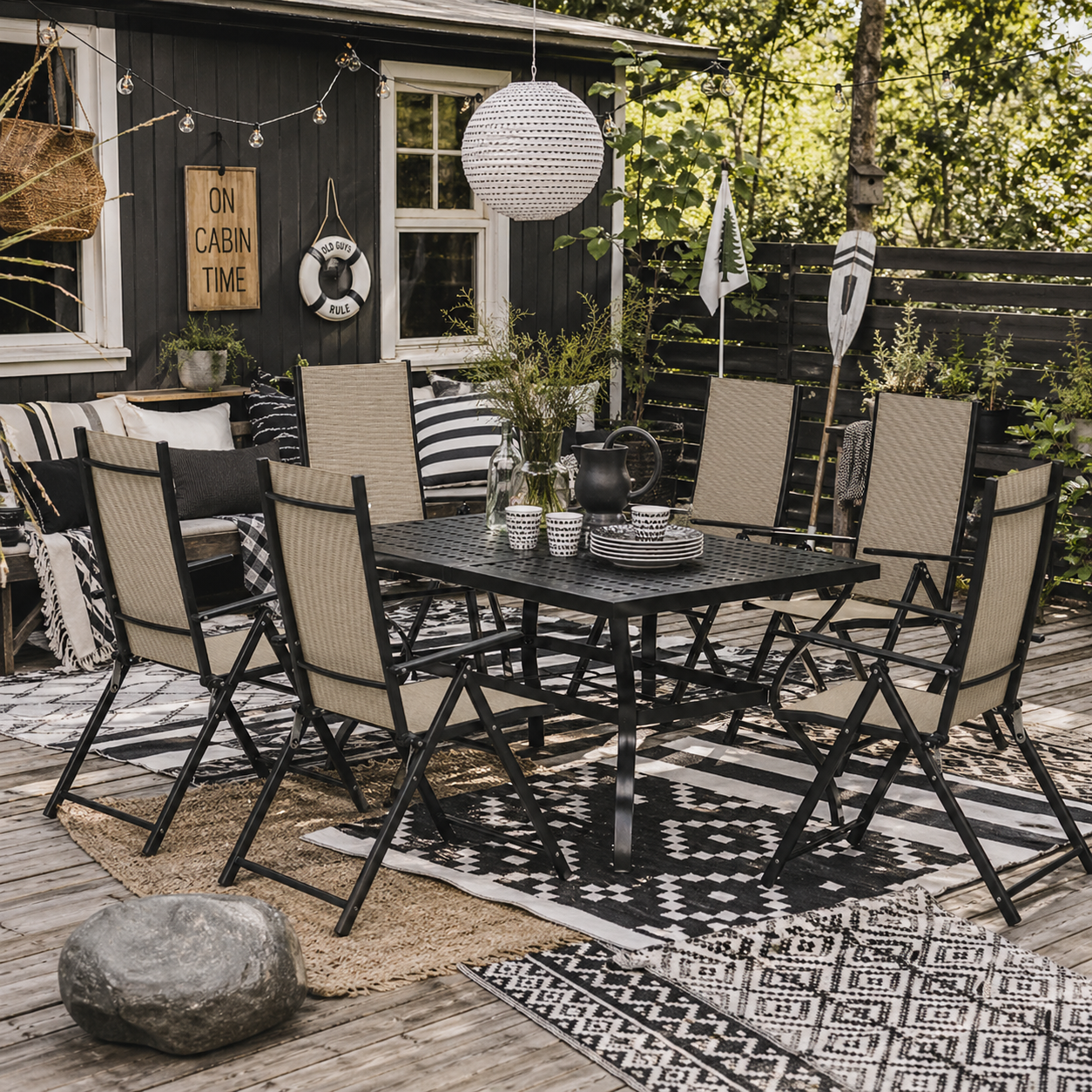 Dizze 6 Seater Cream Mesh and Black Steel Outdoor Dining Set with Parasol Hole
