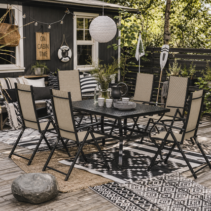 Dizze 6 Seater Cream Mesh and Black Steel Outdoor Dining Set with Parasol Hole