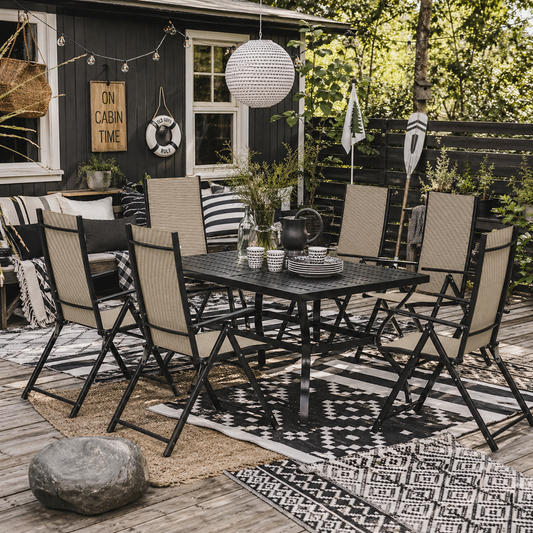 Dizze 6 Seater Cream Mesh and Black Steel Outdoor Dining Set with Parasol Hole