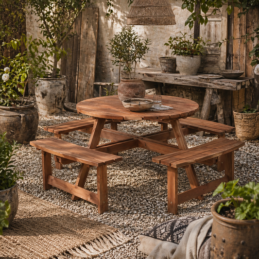 Bataba Brown Fir Wood 8 Seater Outdoor Picnic Table Set