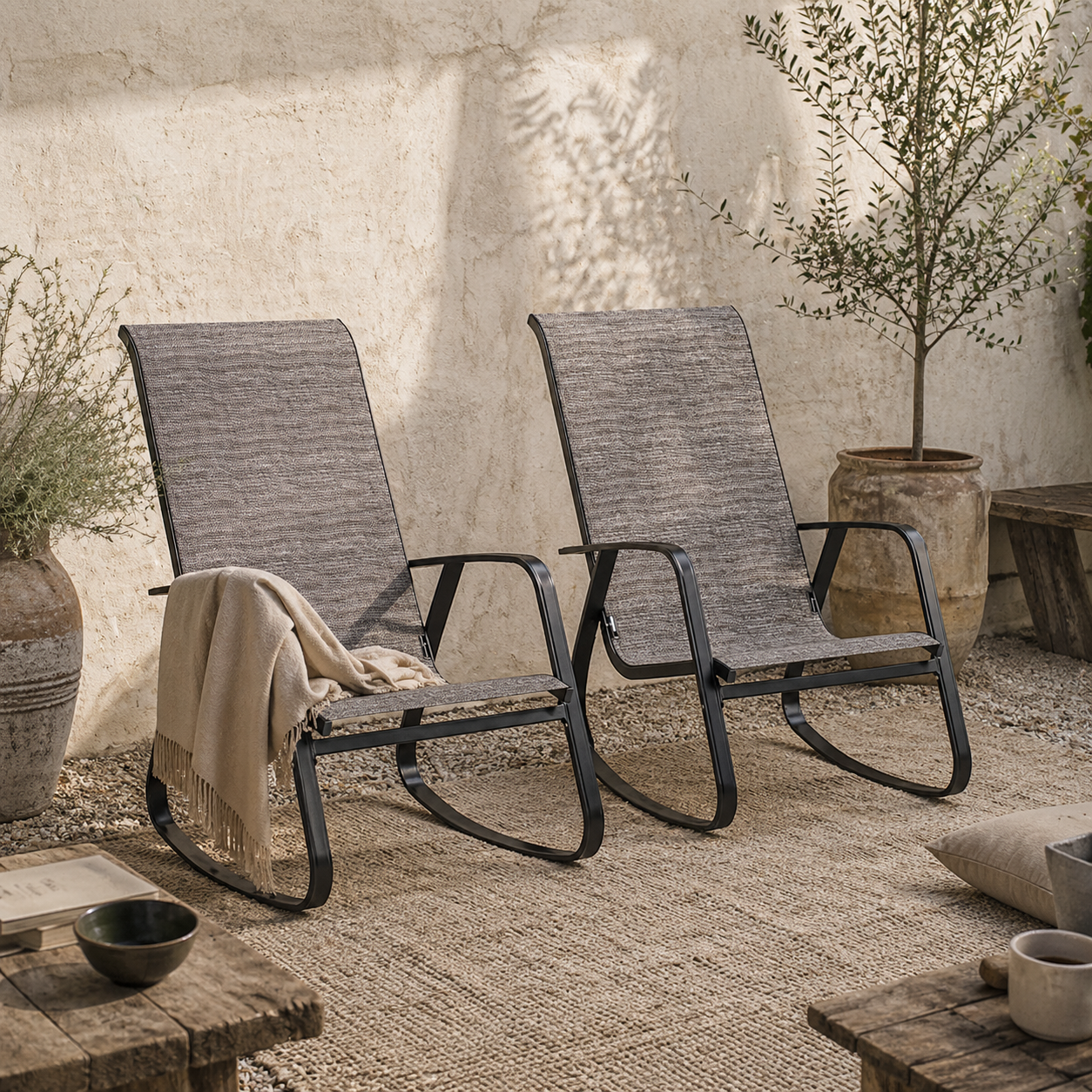 Suvi Metal Light Brown Mesh Set Of 2 Outdoor Rocking Garden Chairs