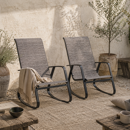 Suvi Metal Light Brown Mesh Set Of 2 Outdoor Rocking Garden Chairs