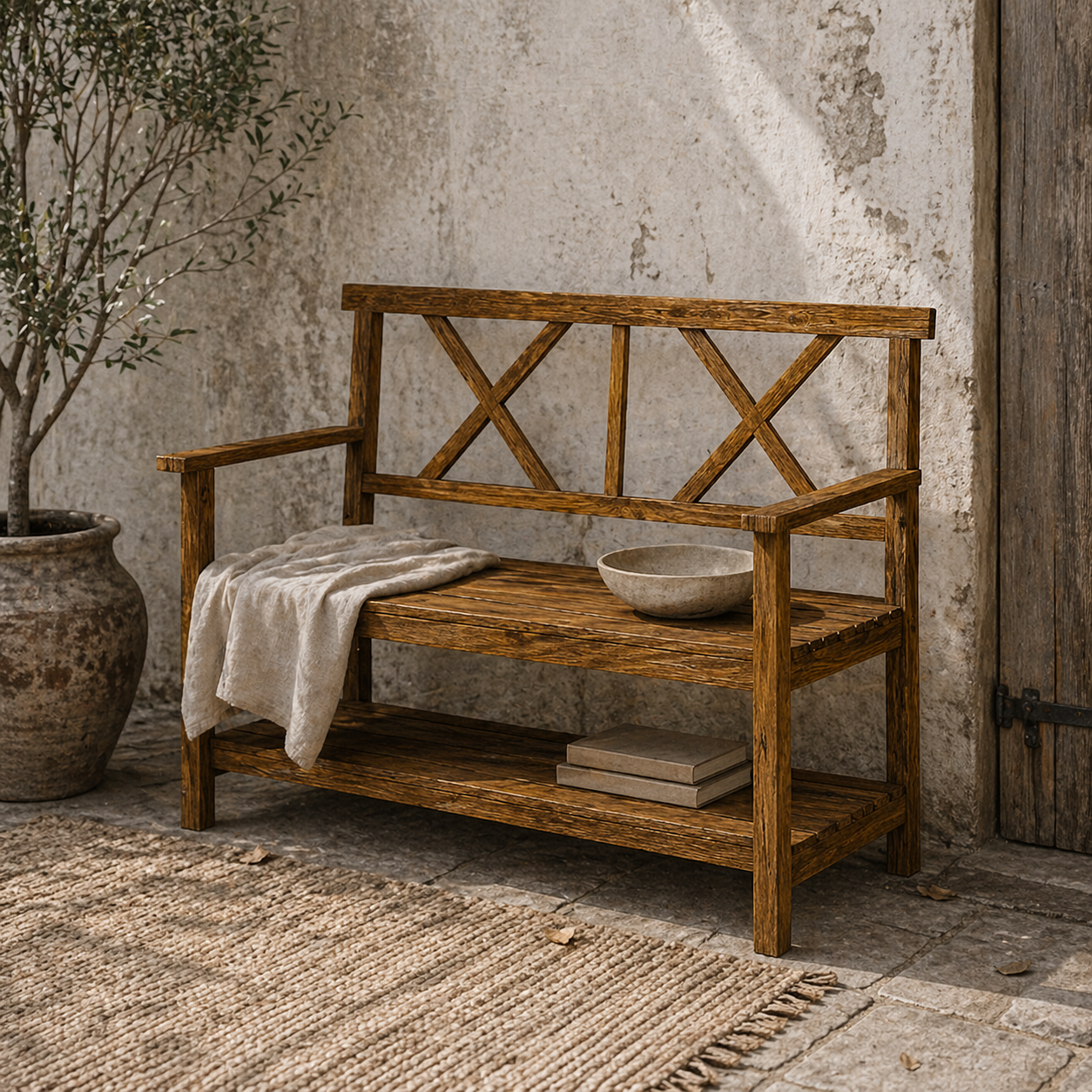 Tussora Fir Wood Natural 2 Seater Garden Bench With Lower Storage Shelf
