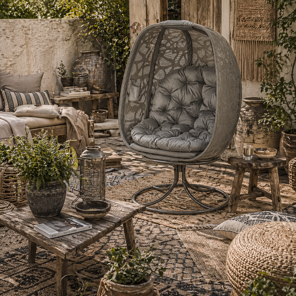 Nise Rattan And Metal Grey Swivel Egg Chair With Cushions