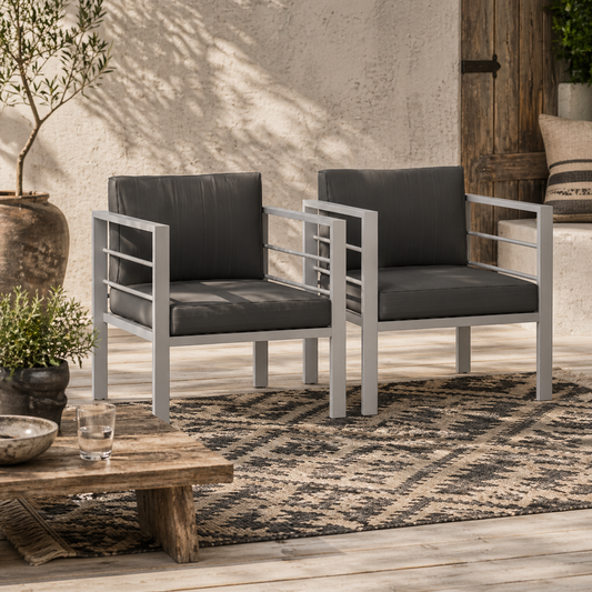 Ketael Set of 2 Dark Grey Metal Outdoor Garden Chairs With Cushions