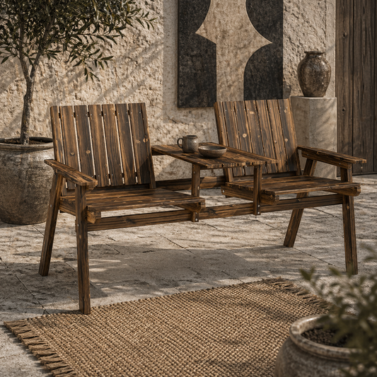 Suvale Dark Wood 2 Seater Garden Bench With Table And Parasol Hole