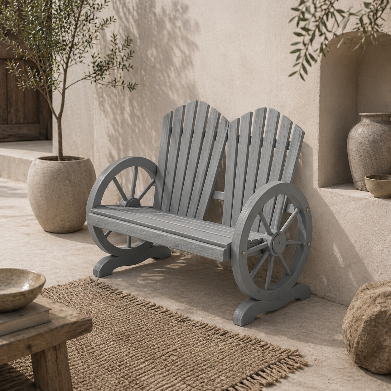 Zittuso Fir Grey Wood Garden Loveseat With Wagon Wheel Style Armrests