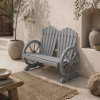 Zittuso Fir Grey Wood Garden Loveseat With Wagon Wheel Style Armrests