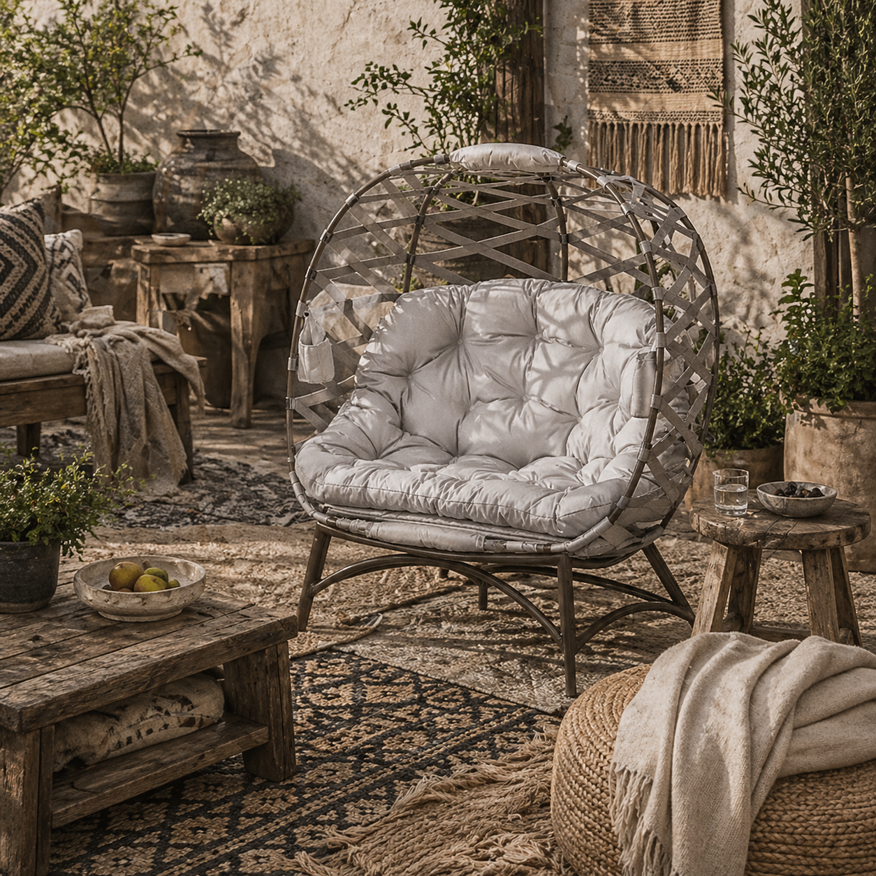 Ninamo Woven Rattan Light Grey 2 Seater Folding Egg Chair With Cushions And Cup Holders