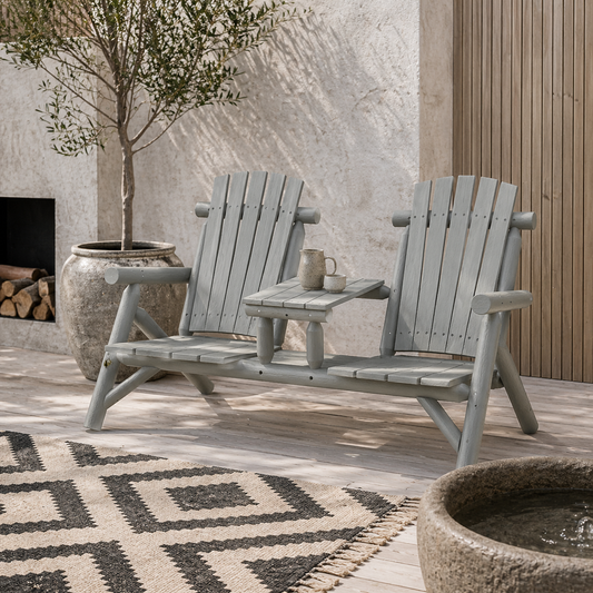 Nine Wood Grey 2 Seater Garden Bench With Central Coffee Table