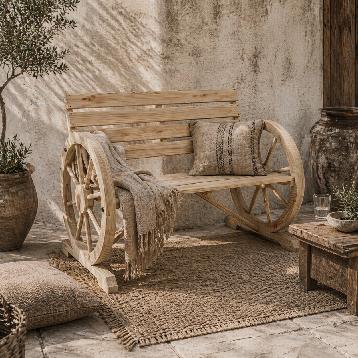 Hata Zilu Wood Natural Rustic Wagon Wheel Style Garden Bench With Armrests