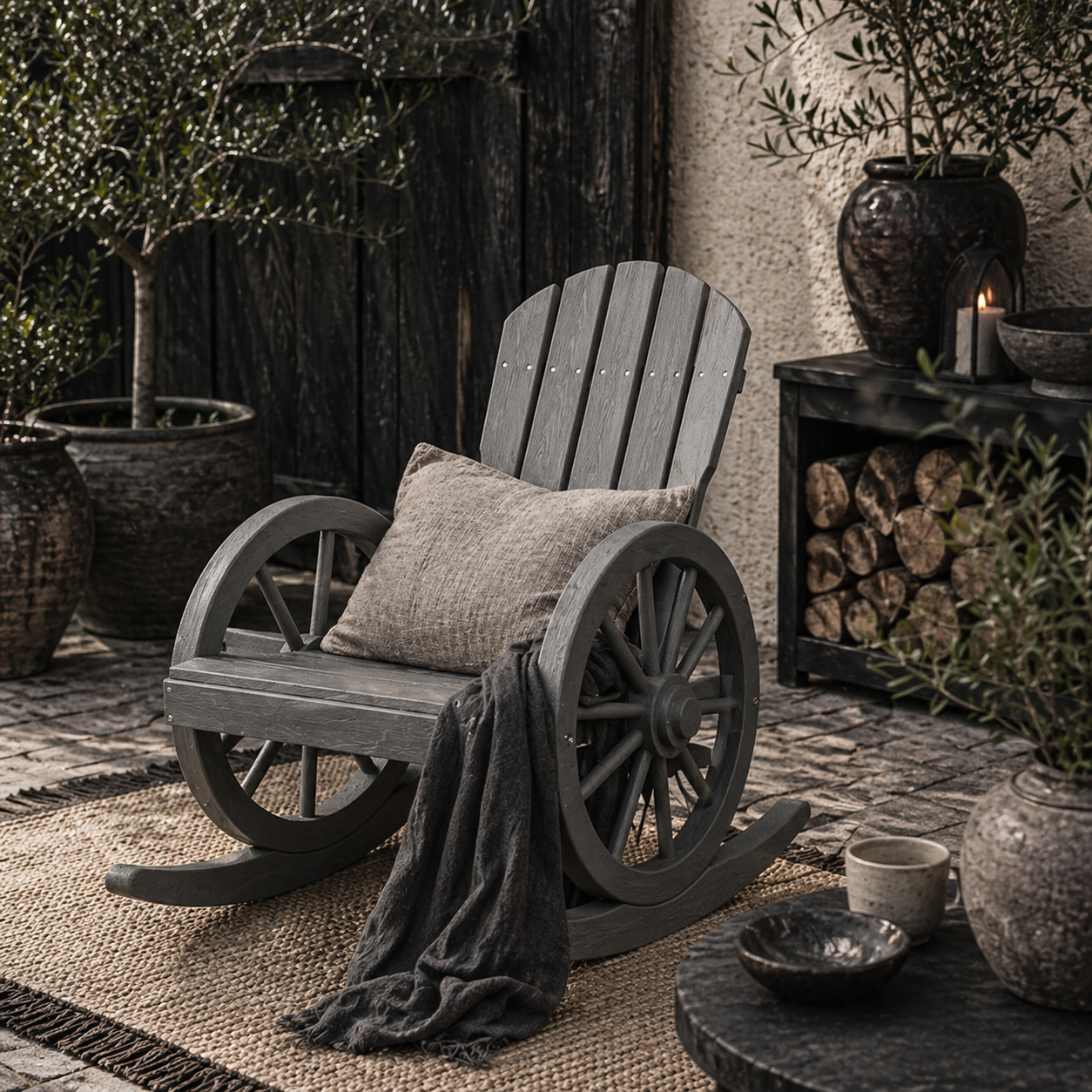 Elna Wood Grey Adirondack Style Outdoor Rocking Armchair With Reclining Back