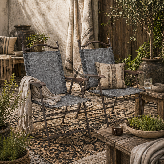 Hael Set Of 2 Metal Grey Folding Garden Chairs With Fabric Mesh Seats