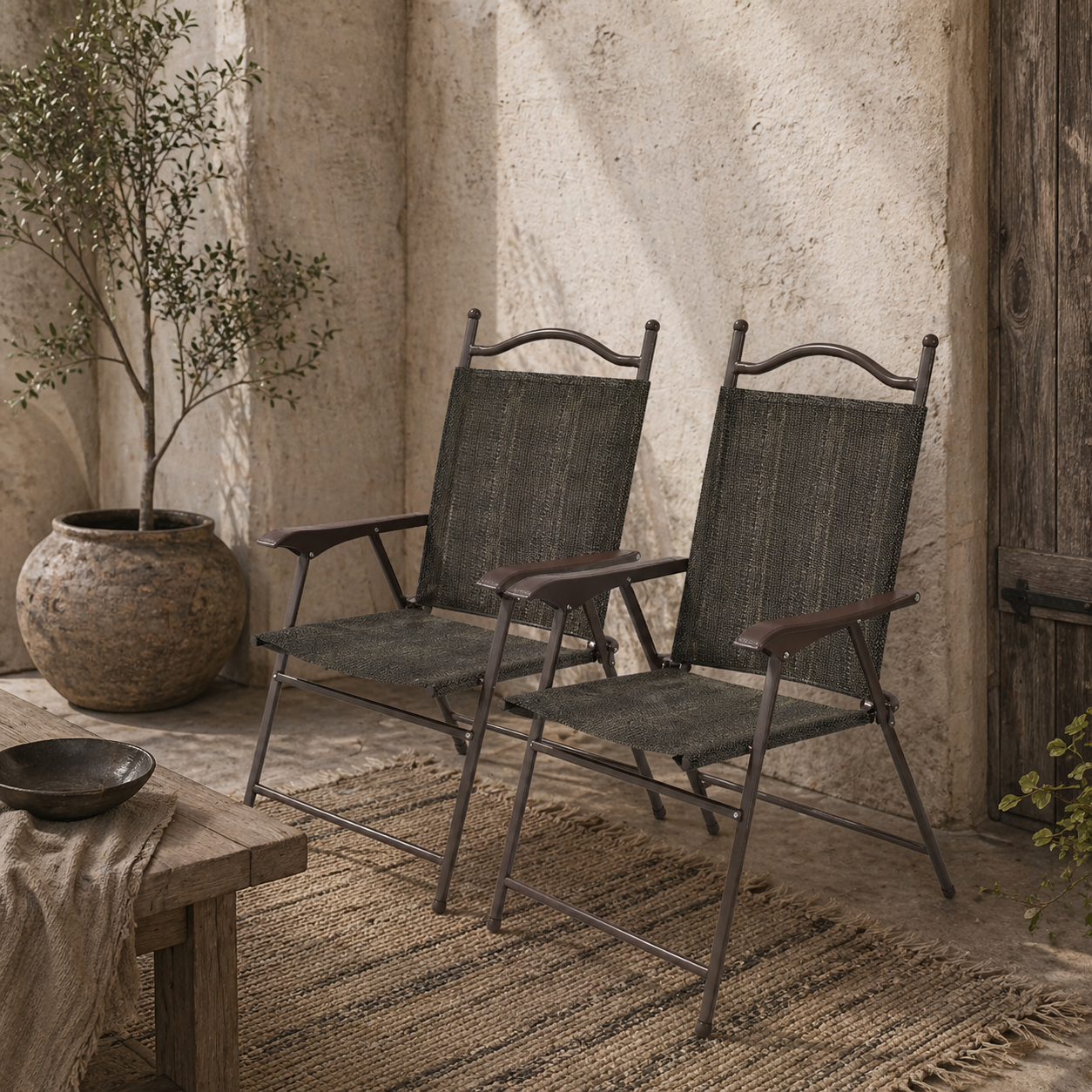 Covani Set Of 2 Metal Dark Brown Folding Garden Chairs With Fabric Mesh Seats