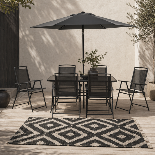 Rera 6 Seater Black Metal and Mesh Garden Dining Set with Chairs Table and Parasol