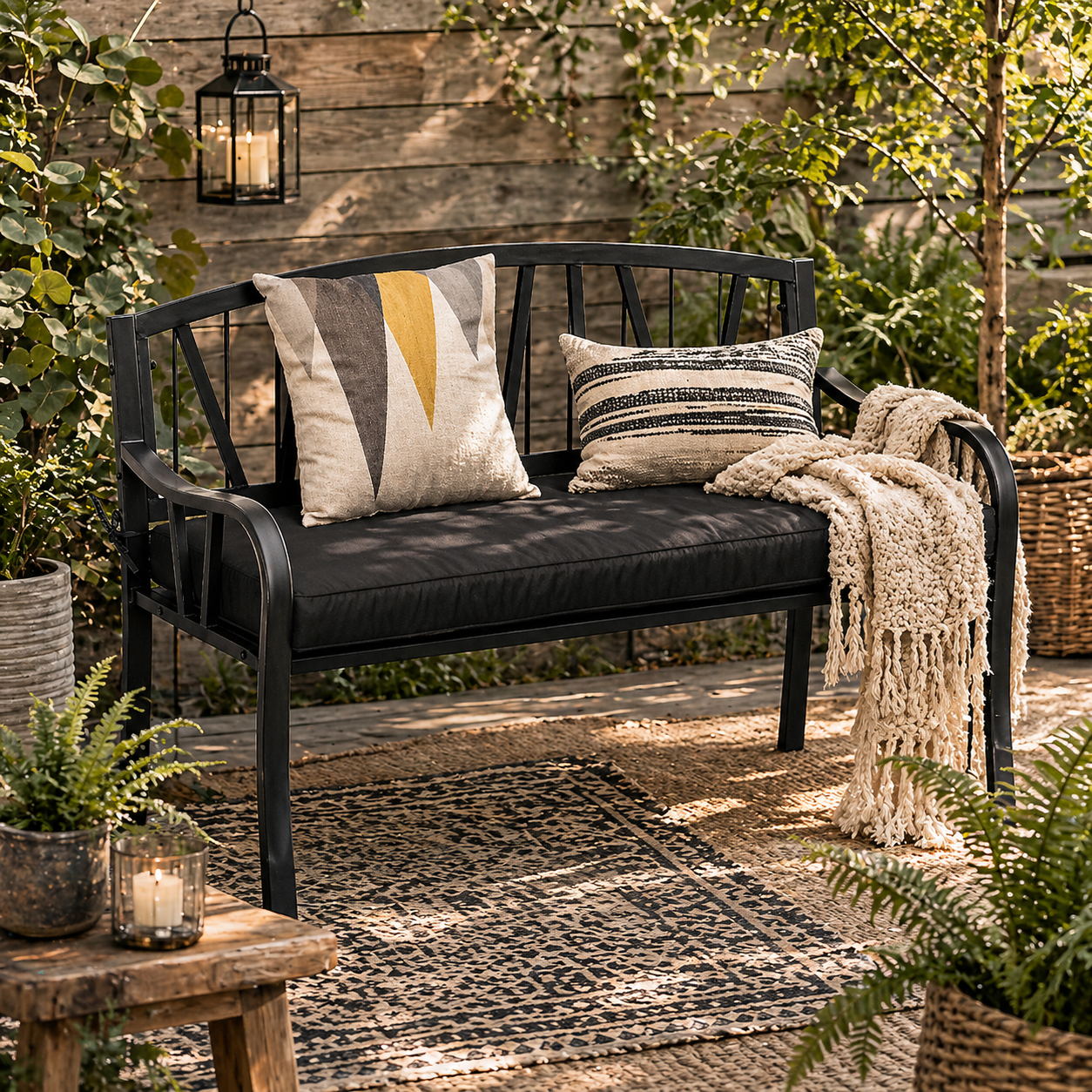 Sutte Metal Black 2 Seater Outdoor Garden Bench With Cushion and Decorative Backrest