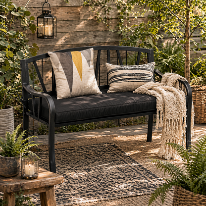 Sutte Metal Black 2 Seater Outdoor Garden Bench With Cushion and Decorative Backrest