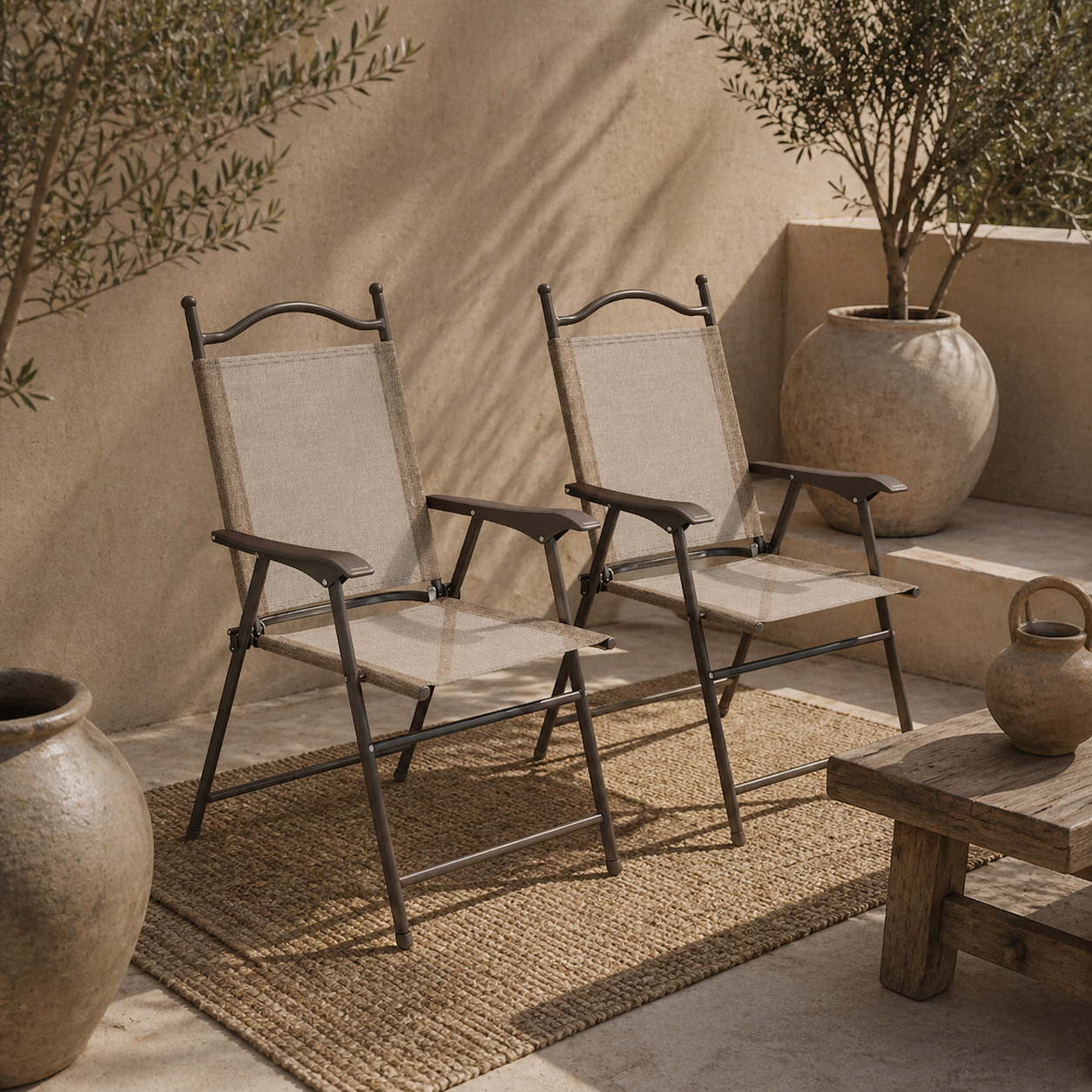 Hazivi Set Of 2 Cream Mesh and Brown Metal Folding Garden Chairs