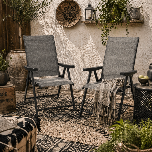 Maleli Set Of 2 Metal Black And Grey Folding Outdoor Chairs