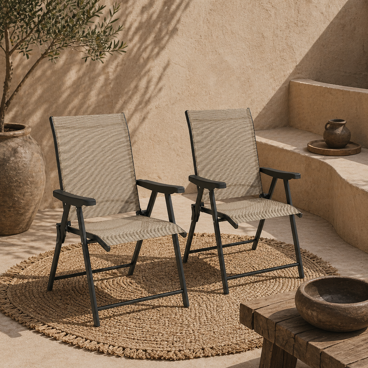 Tosu Set of 2 Metal Brown And Black Folding Outdoor Chairs