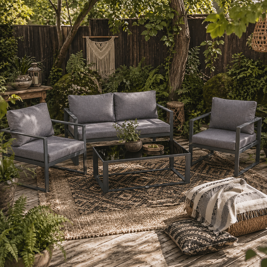 Luro 4 Seater Grey Garden Sofa Set with 2 Armchairs 1 Sofa and 1 Coffee Table Aluminium Frame